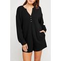 Black Brushed Ribbed Button Split V Neck Long S...