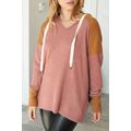 Brown Waffle Knit Patchwork Drawstring V Neck H...