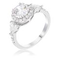 Rhodium Plated 3-Stone Clear CZ Round Halo Pear...