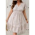 White Floral V Neck Ruffled Short Sleeve Plus S...