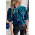 Peacock Blue Velvet Bow Tie Neck Short Sleeve Top