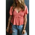 Tomato Red Shirred V Neck Short Flutter Sleeve ...