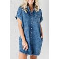 Blue Mineral Wash Cuffed Sleeve Frayed Hem Deni...
