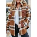 Brown Pocketed Buttoned Plaid Shirt Jacket