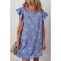 Sky Blue Bow Knot Print Crewneck Ruffled Sleeve...