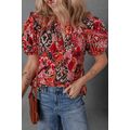 Red Ethnic Print Split Neck Short Puff Sleeve B...