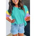 Light Blue Color Block Stitching Sleeve Round N...