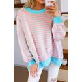 Pink Stripe Contrast Trim High Low Pullover Tun...