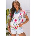 Pink Floral Striped Patchwork Short Sleeve Spli...