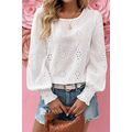 White Eyelet Embroidered Smocked Cuff Sheer Blouse