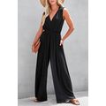 Black Deep V Pleated Crisscross Wide Leg Backle...