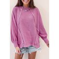 Pink Exposed Seam Round Neck Terry Pullover
