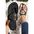 Black Metal Décor Leather Thong Slippers