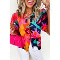 Red Abstract Floral Print Front Tied Puff Sleev...