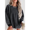 Black Solid Ribbed Knit Round Neck Pullover Swe...