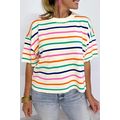 Beige Stripe Dropped Short Sleeve Boxy Fit Knit...