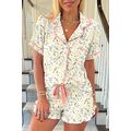 White Floral Print Contrast Pipping Short Pajam...