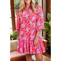 Red Floral Three Quarter Sleeves Ruffle Hem Min...