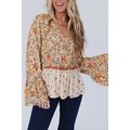 Yellow Printed Floral Bell Sleeve V Neck Wrappe...
