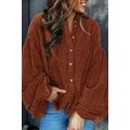Coffee Textured Corduroy Puff Sleeve Shacket