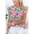 Rose Red Floral Print Ruffled Flutter Sleeve Bl...