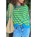 Green Stripe Crew Neck Drop Shoulder Casual Swe...