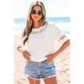 White Lace Crochet Crew Neck Casual T Shirt