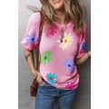 Pink Textured Colorful Floral Print Puff Sleeve...
