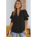 Black Solid Color Half Sleeve V Neck Blouse