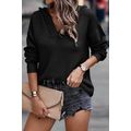 Black V Neck Ribbed Drop Shoulder Hooded Sweater