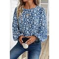 Blue Ditsy Floral Print Lantern Sleeve Blouse