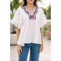 White Embroidered Puff Sleeve V Neck Blouse