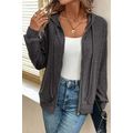 Dark Grey Ribbed Zip Up Front Drawstring Hoodie