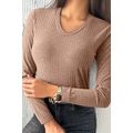 Straw Yellow Ribbed Knit V Neck Long Sleeve Sli...
