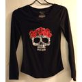 No Boundaries Skull W/Red Roses Crown Black L/S...