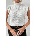 White Turtle Neck Short Sleeve Cable Knit Ruffl...