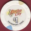 Rhythm City. $1 Casino Chip. Davenport, IA. I60.