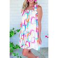 White Abstract Print Knotted Straps Ruffled Min...