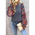 Blue Ruffle Tiered Floral Sleeve Crew Neck Blouse