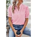 Pink Stripe Notched Neck Frilled Short Puff Sle...