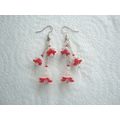 Handmade White & Red, Flower Bead 3-Drop Earrin...