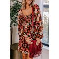 Multicolour Smocked High Waist Long Sleeve Flor...