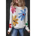 White Colorful Big Flower Pattern Crewneck Sweater