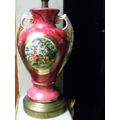 Victorian scene burgundy table lamp vintage 1950's
