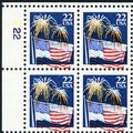 2276, MNH 22¢ Plate Block Fireworks Large Red C...