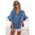 Dusk Blue Denim Ruffled Sleeve Lace up Front Pe...
