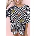 Black Sequined Crawfish Checkered Half Sleeve T...