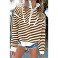 Khaki Stripe Zip up Collar Drop Shoulder Sweater