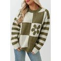 Green Checkered Floral Print Striped Sleeve Swe...