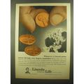 1965 Lincoln National Life Ad - Penny Passes Fingers